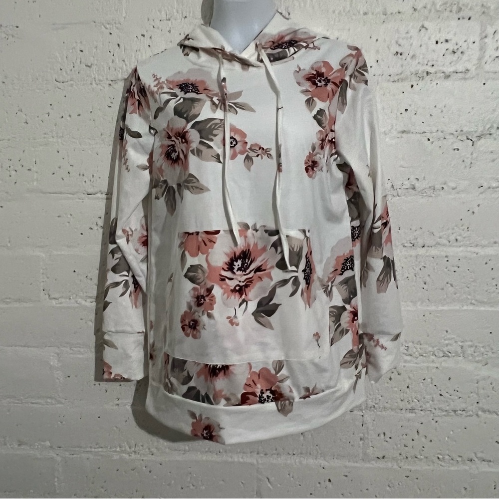 Relipop Womens Hoodie Pullover Top M White Pink Floral Kangaroo Pocket A18